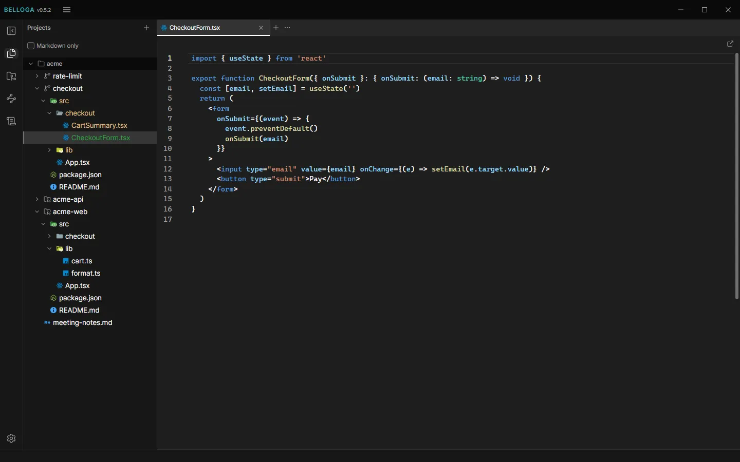 The Files mode sidebar shows the file trees of the checkout worktree and the acme-web repository, with CheckoutForm.tsx open in the workspace with syntax highlighting.
