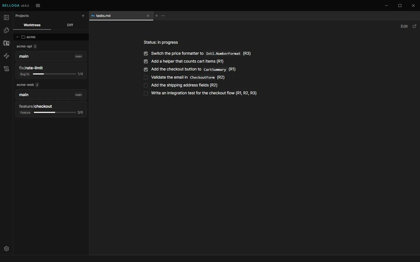 The Worktrees sidebar lists the acme-api and acme-web repositories under an acme folder with branch cards, fix/rate-limit and feature/checkout show plan progress bars, and the workspace has the feature/checkout tasks.md checklist open.