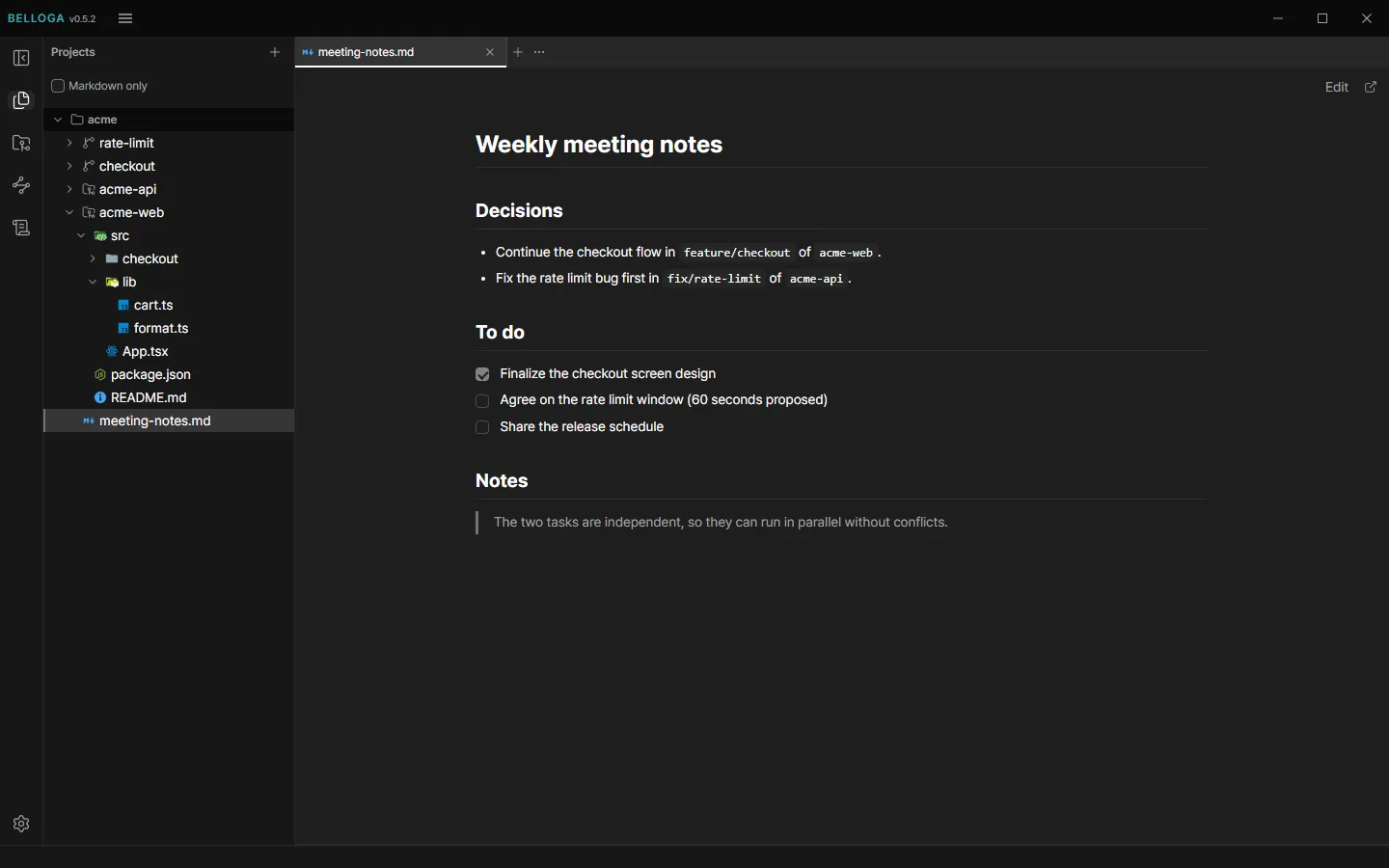 The Files mode tree holds worktrees, the acme-api and acme-web repositories, and a meeting-notes.md file outside any repository, with that note open as a Markdown preview on the right.
