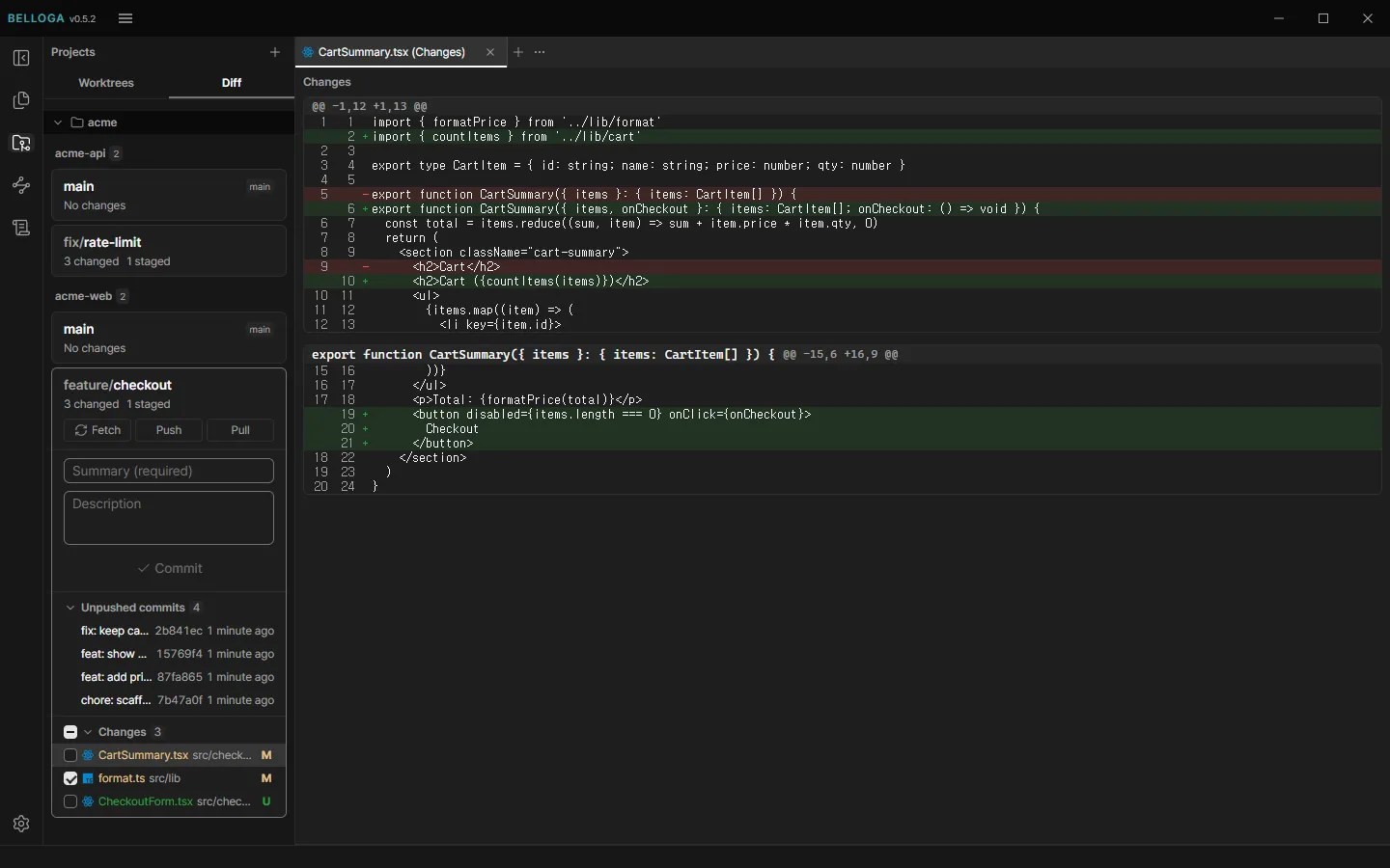 The Diff tab shows Fetch, Push and Pull buttons, a commit form, 4 unpushed commits and 3 changed files, with the CartSummary.tsx diff open in the workspace as added and removed lines.